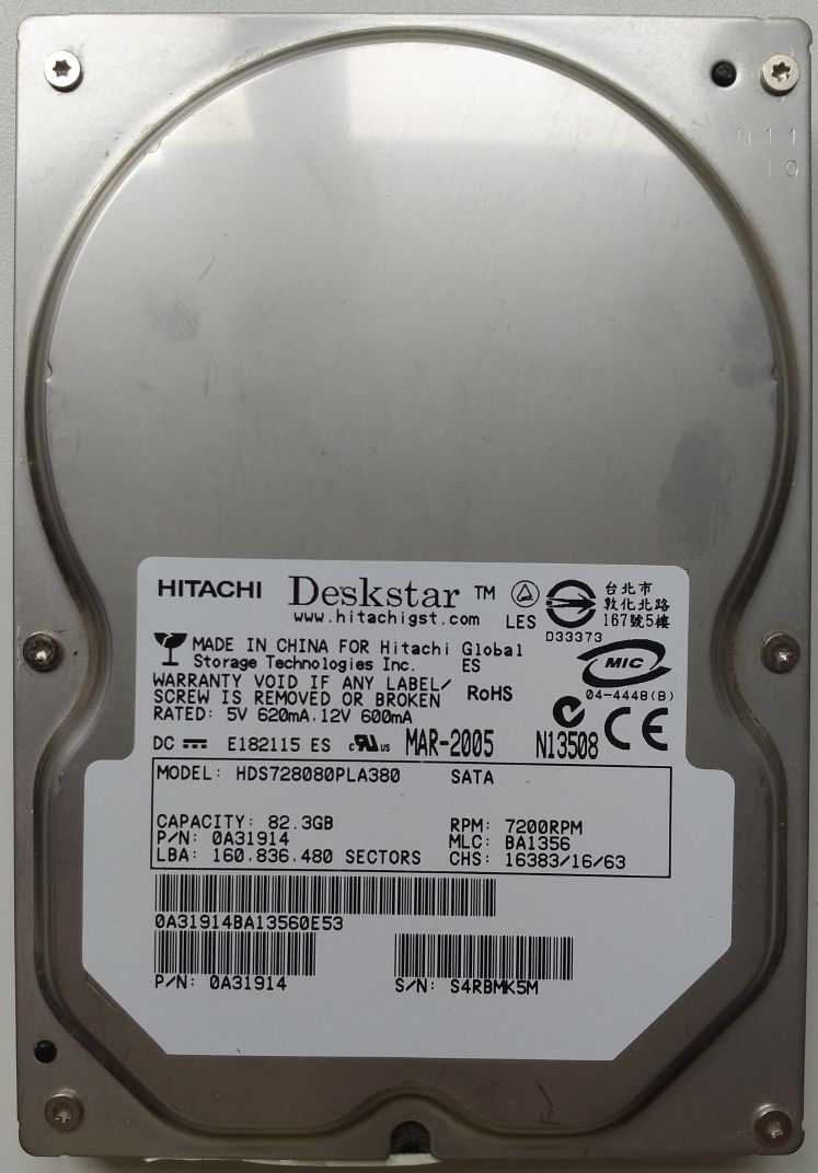 HDD SATA/300 3.5" 80GB / Hitachi Deskstar 7K80 (HDS728080PLA380)